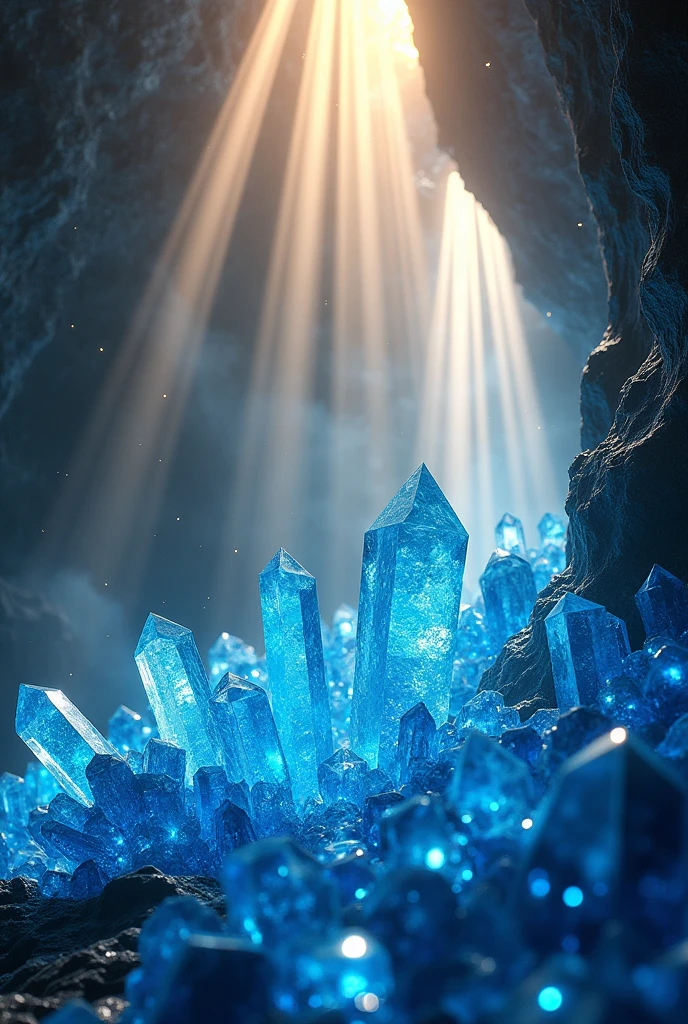 Sun rays reflect off blue crystals in a cave 