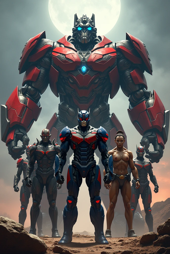 Generate an image with Omni Man with his imposing appearance, Optimus Prime in gorilla form, Captain Pátria with his defiant look, Yori with his intense presence and Escanor emanating confidence. They are gathered in an epic setting, ready for a battle or a joint mission.