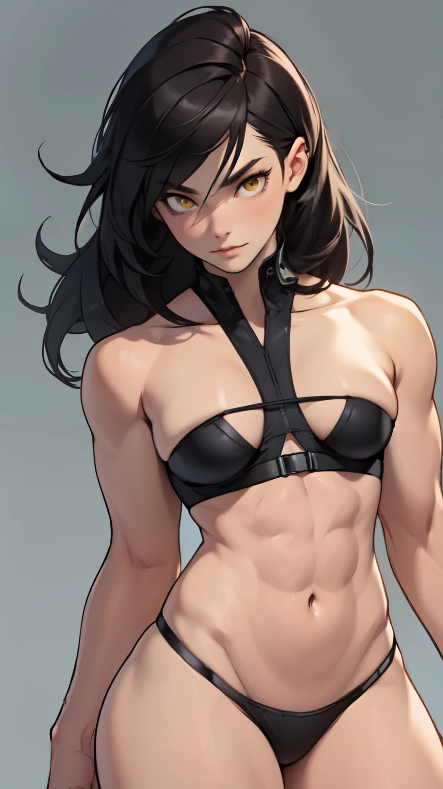 perfect anatomy muscular girl toned body perky breasts black hair yellow eyes solo