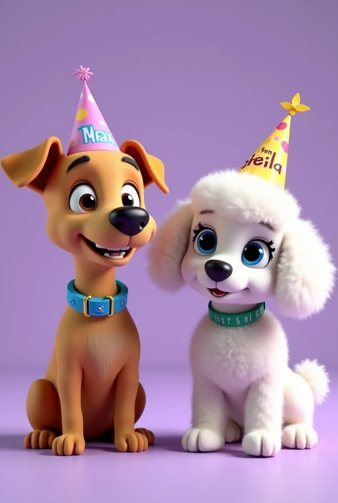 Disney Pixar style 3d render of a mini Australian terrier puppy , color camel, with straight hair and disheveled hair. Very skinny, Medium short hair With a happy face. He has a blue collar that says "Max" and with a birthday hat that says "Sheila" next to a white haired female mini toy poodle, fluffy with lots of curls also has a birthday hat that says "Sheila" and a green dog collar that says "Forget it". Violet plain background.