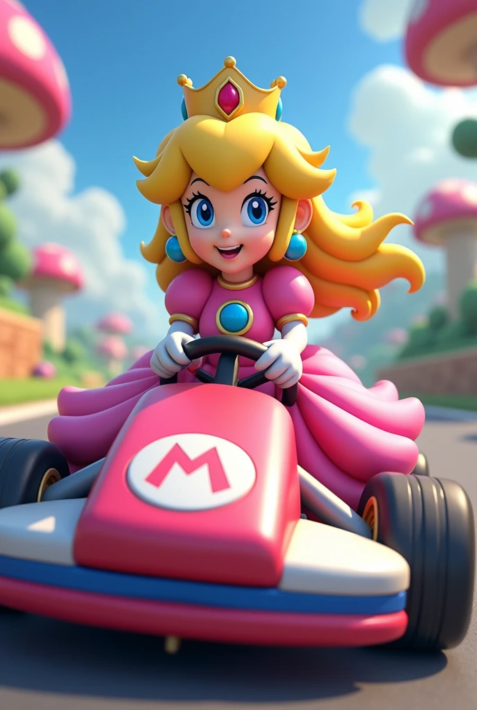 Peach de l'univers de mario sur un kart