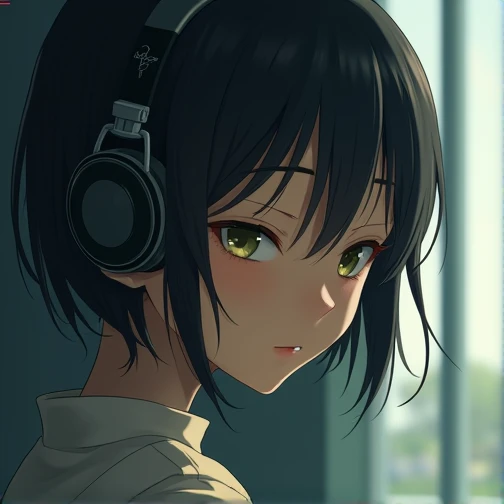 Makoto Shinkai's style　A chest-up image of a girl wearing headphones, looking slightly down and with her eyes closed