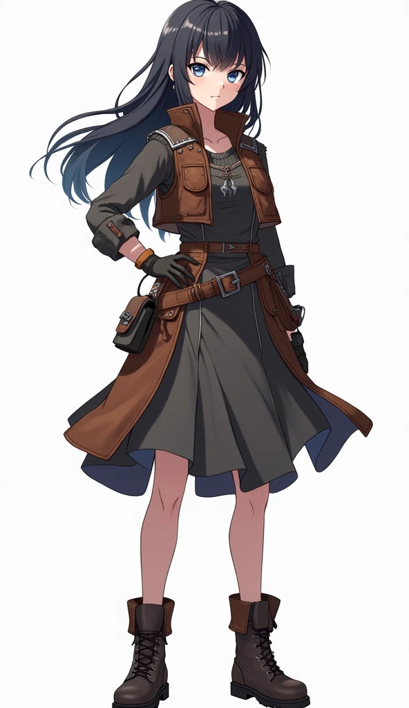 Anime girl 1 girl, black hair. blue eyes Freya wears an adventurer's outfit that mixes functionality with a touch of elegance. She wears a tight, dark brown leather blouse designed to protect her torso and provide freedom of movement. Over her blouse, she wears a reinforced leather vest, which has small metal plates embedded for greater protection on her chest and back. The lower part of the costume is a resistant, dark gray leather skirt that reaches her knees. and has a split design to allow for better mobility. The skirt is fitted with leather bands and has internal pockets for carrying small items.Freya's boots are made from robust leather, with non-slip soles and reinforcements around the ankles and heels, offering support and durability. Completing the look is a lightweight travel cover, which can be removed when needed, and a belt with multiple pouches to carry essential gear. Full body