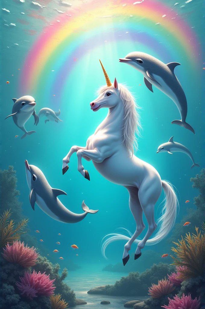 dolphins, a rainbow and a unicorn