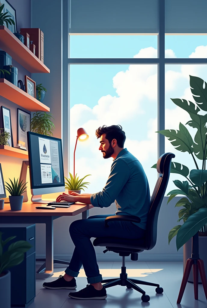 Generate a picture of Maxephraim Graphics studio with a man working on a computer