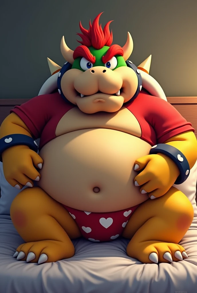 Bowser from Super Mario, Extremely obese, chubby, embarrassed, huge round belly, big moobs, heart underpants, red tight short sleeves t-shirt, laying on a bed, one hand on the belly