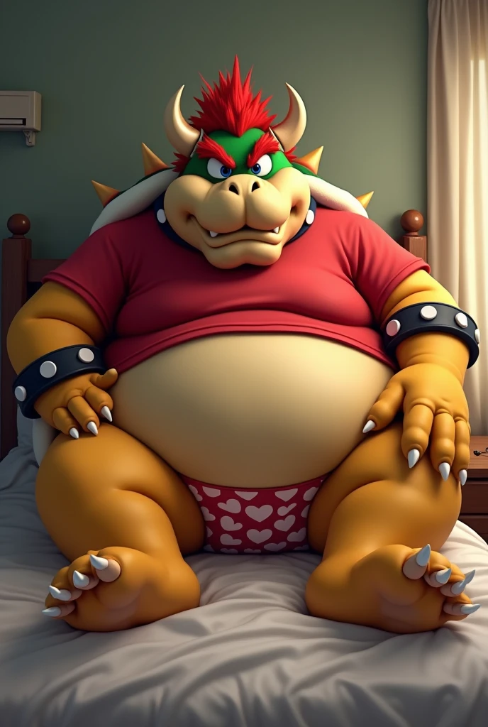 Bowser from Super Mario, Extremely obese, chubby, embarrassed, huge round belly, big moobs, heart underpants, red tight short sleeves t-shirt, laying on a bed, one hand on the belly