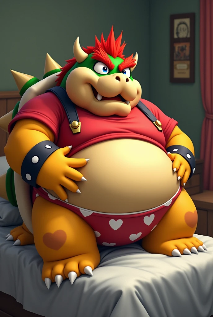Bowser from Super Mario, Extremely obese, chubby, embarrassed, huge round belly, big moobs, heart underpants, red tight short sleeves t-shirt, laying on a bed, one hand on the belly