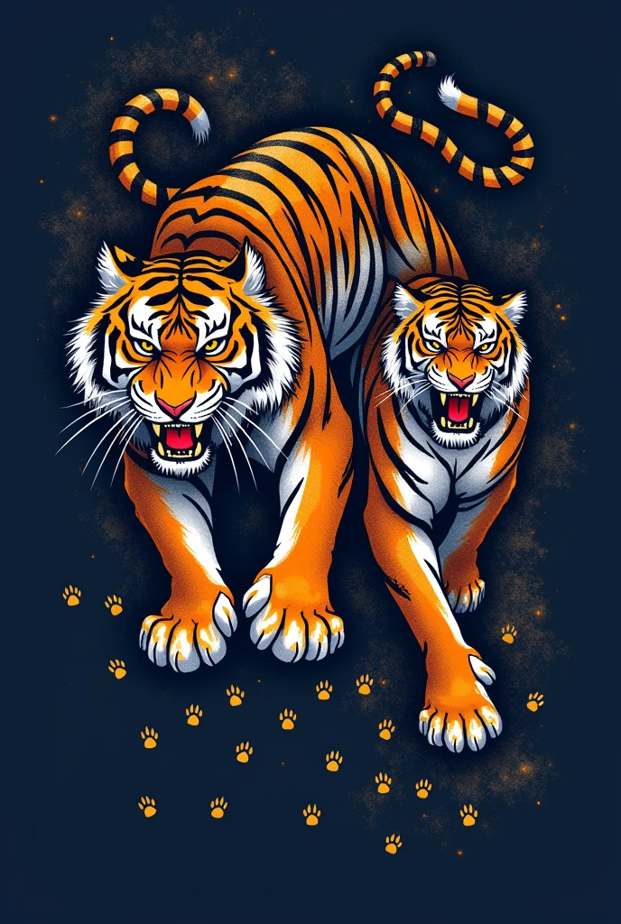 ## Interclass shirt: tigre
**Description:**
* **background color:** Dark navy blue, vibrant and impactful.
* **tigre Esquerdo:** A large tiger, in attack pose, with the head turned to the left and the body extending diagonally upwards, crossing the hem of the shirt. The tiger will be rendered in shades of orange, black andwhite, with a gold highlight for the eyes and claws.
* **tigre Direito:** A tiger with an angry expression. The tiger will be located on the right side of the shirt, a little below the shoulder, with the body extending diagonally downwards. The coloration will be similar to the larger tiger, but with softer tones and a pink detail on the ears.
* **Lower Range:** The bottom stripe will be dark navy blue, with a repetition of small tiger footprints in white.
**detaileds:** The shirt may have gold details to highlight the design elements., like the eyes of the tigers and the numbers of the players behind.
