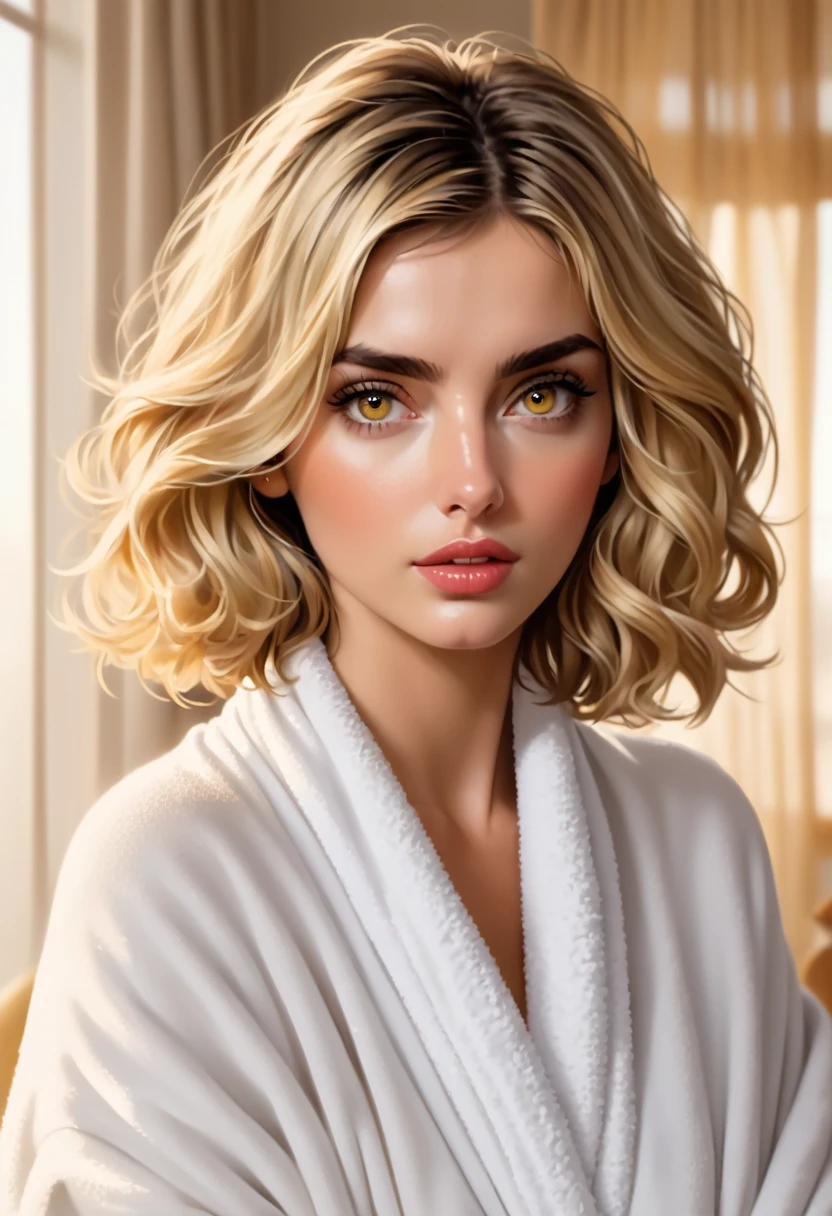 Generate the image of the beautiful Ana de Armas, gold eyes, short wavy blonde hair. Wrapped in a towel in a bright and sophisticated room. The expression is sexy.