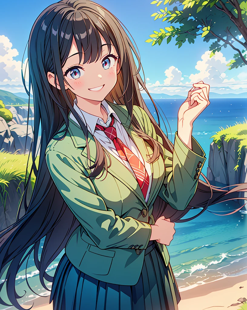 Highest quality, 32K, High resolution, masterpiece:1.5, One beautiful girl, Illustration with anime touch, Rich emotional expression, An exceptionally beautiful face, Perfect Human Anatomy, Perfect hands, Thumb and４Finger, Big red eyes, ((A defiant smile:1.5)), shiny black hair, Long Hair, Asymmetrical bangs, Hair between the eyes, Transparent, soft white skin, Detailed and cute lips, ((Moss green blazer:1.1)), Red tie, Checkered pleated skirt, Sea view road, ((blue sea:1.2)), ((Ultra-detailed and beautiful blue sky:1.2)), Gentle sunlight, mysterious