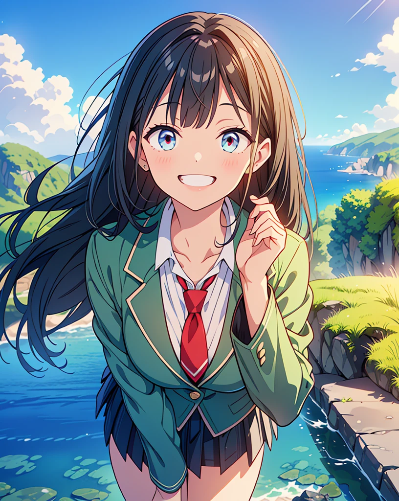 Highest quality, 32K, High resolution, masterpiece:1.5, One beautiful girl, Illustration with anime touch, Rich emotional expression, An exceptionally beautiful face, Perfect Human Anatomy, Perfect hands, Thumb and４Finger, Big red eyes, ((A defiant smile:1.5)), shiny black hair, Long Hair, Asymmetrical bangs, Hair between the eyes, Transparent, soft white skin, Detailed and cute lips, ((Moss green blazer:1.1)), Red tie, Checkered pleated skirt, Sea view road, ((blue sea:1.2)), ((Ultra-detailed and beautiful blue sky:1.2)), Gentle sunlight, mysterious