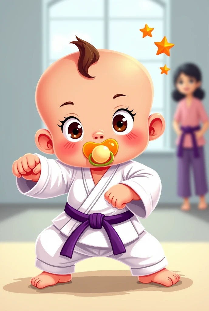 Generate a cartoon image of a purple belt baby karateka, using pacifier