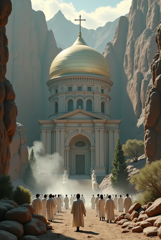 there is a large Ethiopian Orthodox Church building with hemispherical Dom that is built into the side of a mountain, intricate matte painting, matte painting of human mind, digital matte painting, ancient yet futuristic, elaborate matte painting, hyperdetailed 3d matte painting, hyperdetailed 3 d matte painting, extravagant matte painting, epic matte painting, epic cinematic matte painting, matte painting concept art, giant tomb structures,smoke, tree, white cloth wearing people circling the church