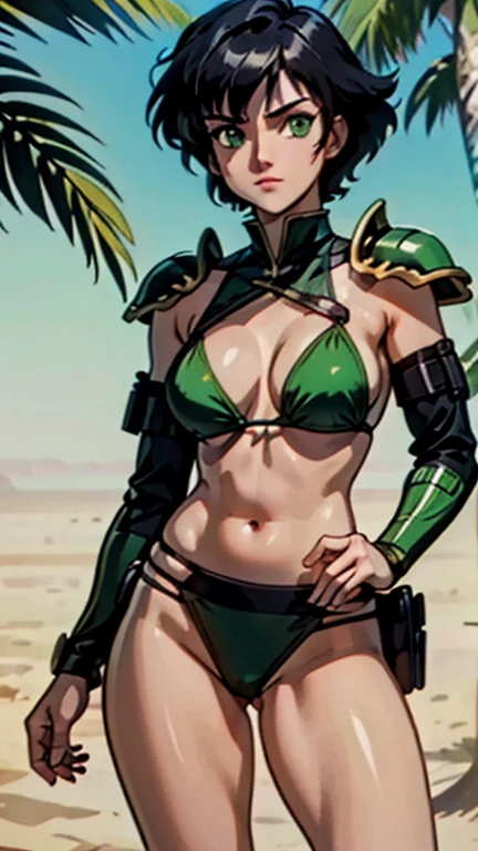 (buttercup,1girl), (extremely detailed CG unit 8k wallpaper),(master part), (best quality), (ultra detail), (best illustration),(melhor ombre), cowboy shot, (Sharp eyeliner, ombre, detailed eyes:1), exotic jungle, break , (Fire Emblem (1997) Ova style style), pasties, bikini armor, upper body, black hair, green eyes, short hair, messy hair