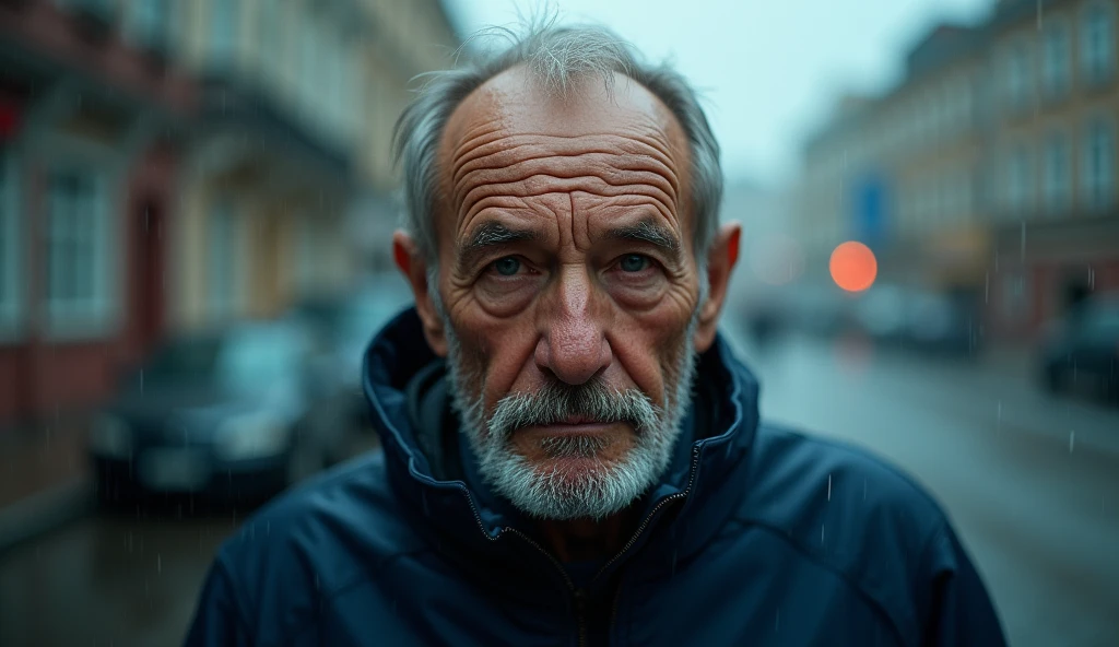 A photograph of an old Russian man in dark blue sportswear walking in the rain, making eye contact with the viewer in the middle of the scene, 35mm lens, top to bottom shot, deep focus cinematic effect, natural lighting, color grading in cool tones, high quality, ultra details, 8k resolution,