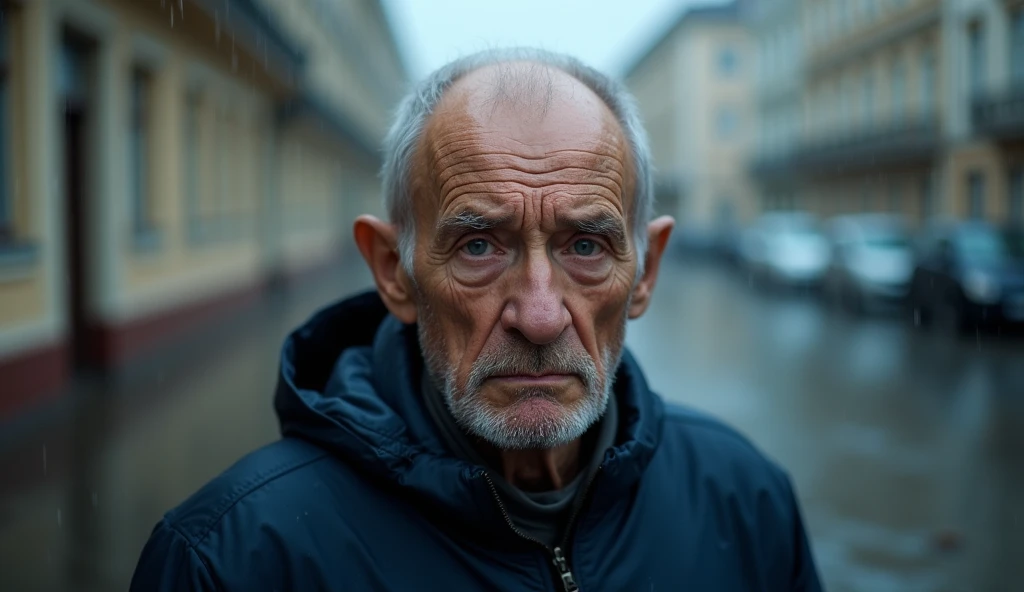 A photograph of an old Russian man in dark blue sportswear walking in the rain, making eye contact with the viewer in the middle of the scene, 35mm lens, top to bottom shot, deep focus cinematic effect, natural lighting, color grading in cool tones, high quality, ultra details, 8k resolution,