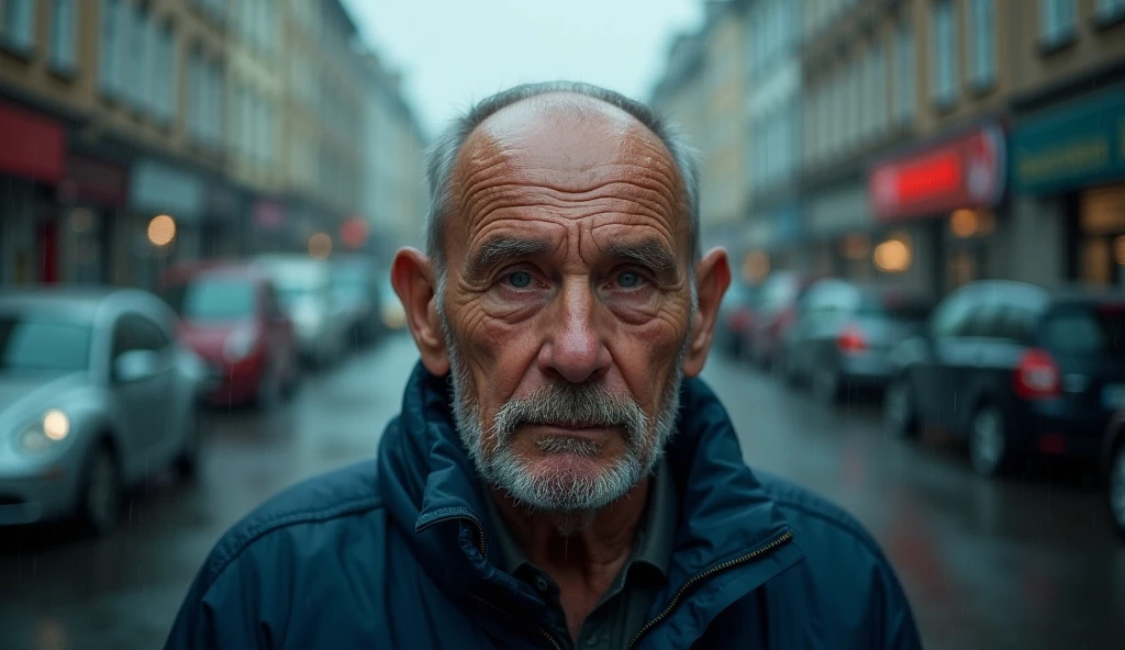 A photograph of an old Russian man in dark blue sportswear walking in the rain, making eye contact with the viewer in the middle of the scene, 35mm lens, top to bottom shot, deep focus cinematic effect, natural lighting, color grading in cool tones, high quality, ultra details, 8k resolution,