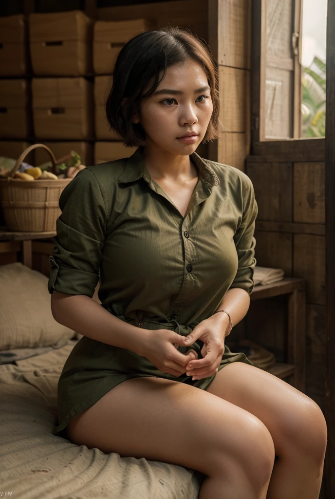 1girl, beautiful detailed female north korean woman, young, north korea, north korean face, short, thicc, large breasts, large ass, natural, natural lashes, no makeup, glistening sweat, light skin, poor clothing, dirty clothing, arafed woman, north korean farmer, korea harvest, korea rural travel, korean woman, traditional korean, edo style, rural korea, traditional clothes, paddy field, impoverished, disheveled, farmer, farming, messy thick luscious hair, short hair, detailed face, penetrating eyes, beautiful detailed lips, extremely detailed skin, detailed clothing, (best quality,4k,8k,highres,masterpiece:1.2),ultra-detailed,(realistic,photorealistic,photo-realistic:1.37), natural lighting, warm color tones, cinematic composition
