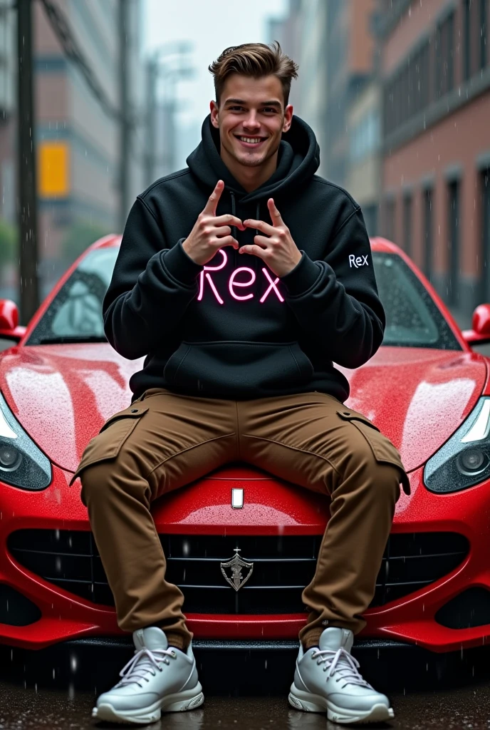 real full body white skin photography image of handsome man,smiling wearing black hoodie with brown cargo pants and white rubber shoes,her fingers singn of love, the hoodie has own names written" rex " made of cristal neon black is written in the jacket,sitting out on the red luxury full body car with raining 300dpi, 100fps, UHD, HDR, high real image k hd