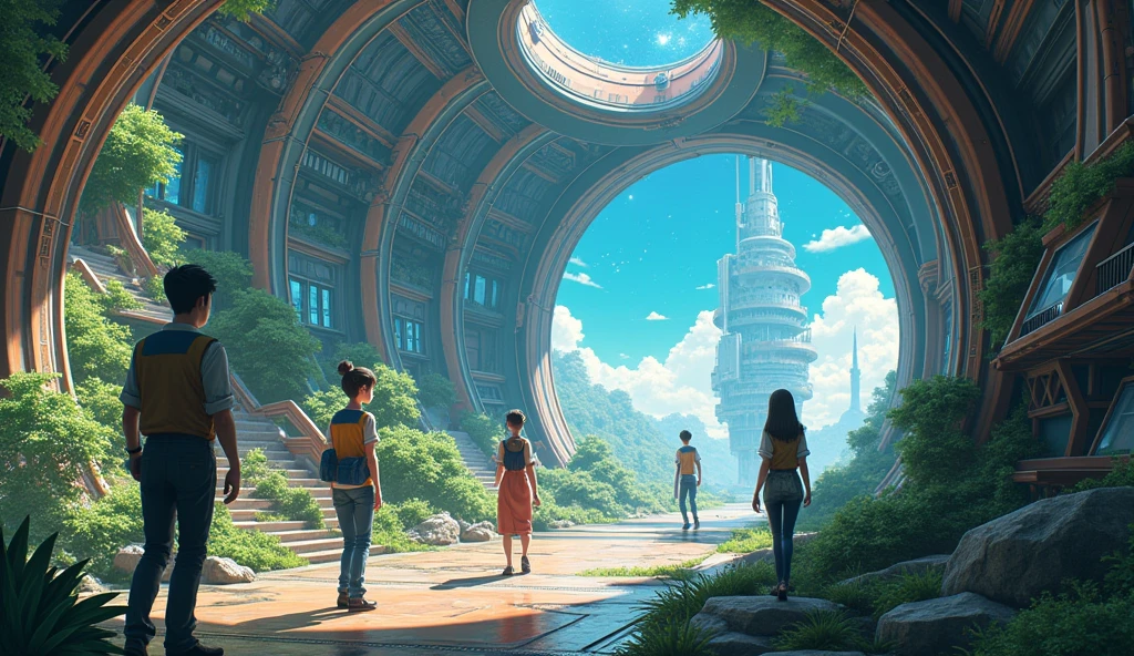 anime style, cheered up, realistic interstellar ship, generational ship, o'neil cylinder,