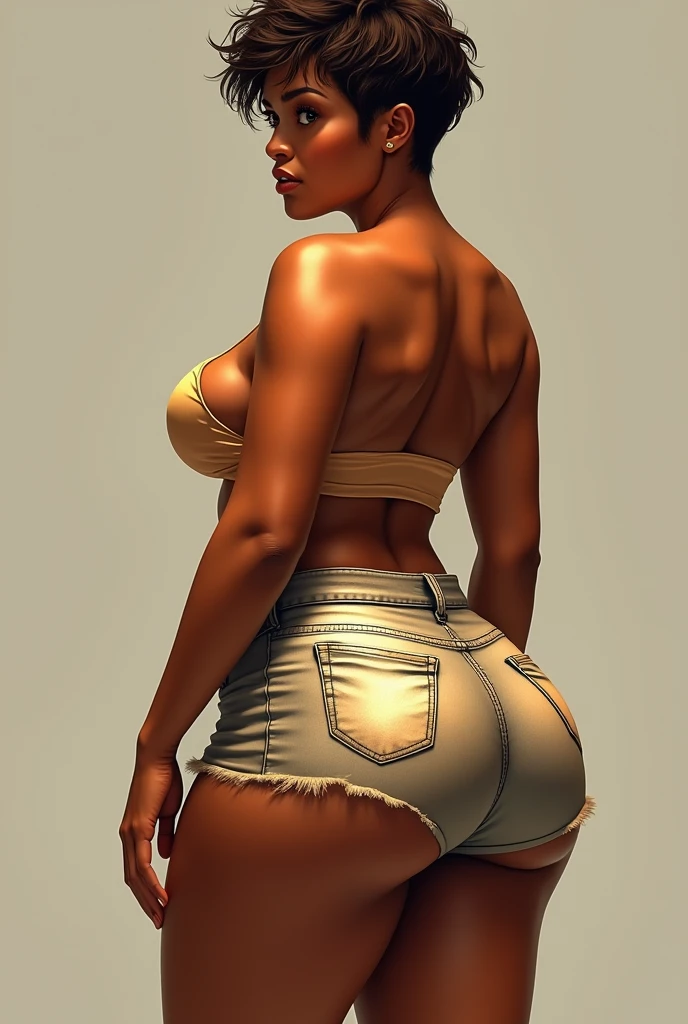 A bronze girl with super short jeans and big butt and big tits