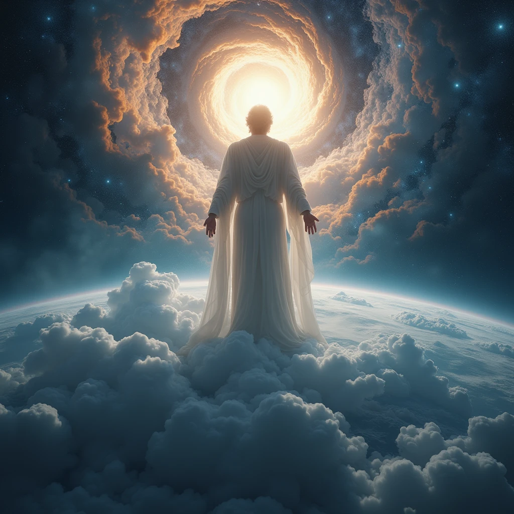 a realistichigh detailed portrait of jehovah god, the creator of the universe,looking down at planet earth from space,ultra detailed,extremely realistic,cinematic lighting,dramatic universe,4k,8k,photorealistic,dramatic clouds,breathtaking cosmic background,powerful divine expression,majestic divine presence,awe-inspiring scale,emanating divine energy,ethereal holy light, stars of universe