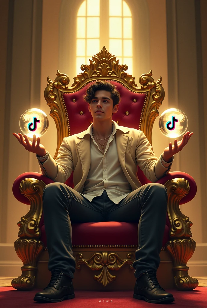 A 20-year-old man on a golden throne holding in the palm of his right hand a crystal ball with the name Tiktok inside it and in his left hand a crystal ball with the name Andres inside it.