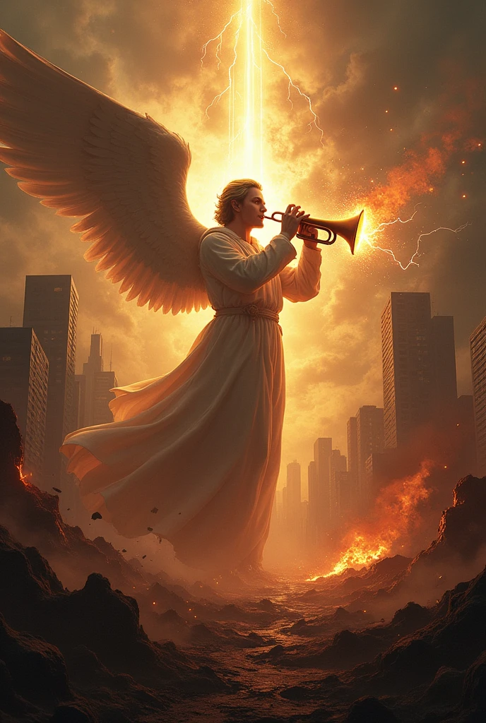 "Create an apocalyptic-themed book cover inspired by the Bible&#39;s Book of Revelation, set in modern times. The image should convey an atmosphere of chaos and judgment., with a gloomy sky and heavy clouds. At the center, highlight an angel with a powerful trumpet, symbolizing the beginning of divine judgments, surrounded by lightning and fire In the background, a partially destroyed modern city, with buildings collapsing, fire and smoke, revealing the impending destruction. dark representing the four horsemen of the Apocalypse in the background, with its grasshopper details floating around. The color palette should be dramatic, com tons de vermelho, black and gold, to enhance the sense of catastrophe and ultimate hope.
