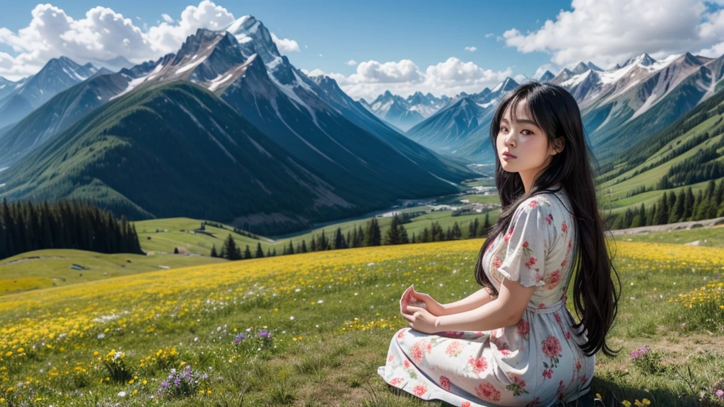 Woman sitting on her back in meditation position, flowered dress, long black hair, mountains background, blue sky, flowers, realistic photo