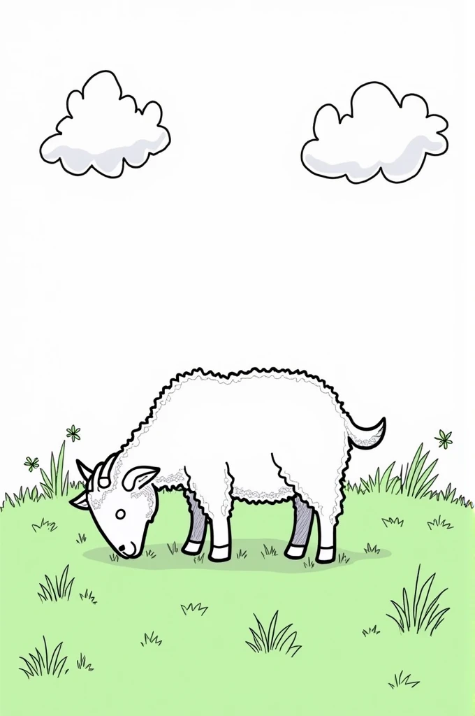 Coloring book page of a goat grazing with clouds in the background