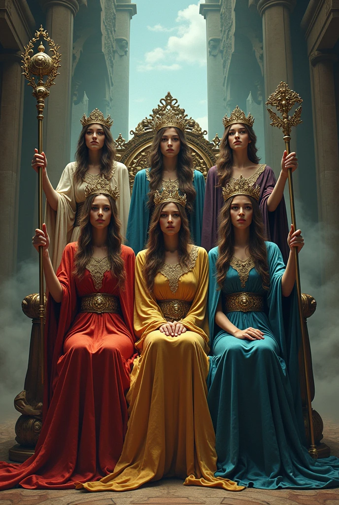 5 women dressed as witches, with a long tunic of different colors, the tunic covers their hair, with a setro in their hand, with their crown on their head, perched on a beautiful throne, behind her there is an open portal to another dimension .