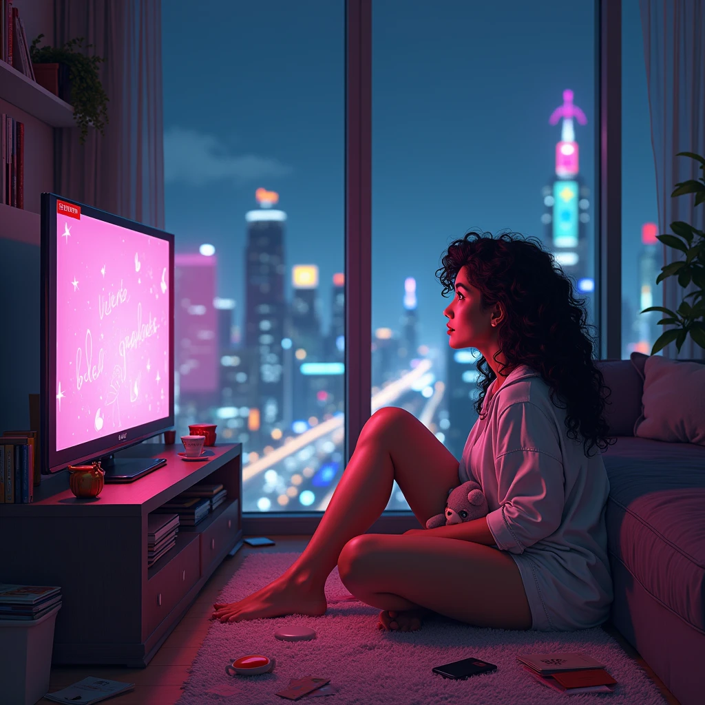 realistic photo of a (pretty girl, 20 years old, brunette, black eyes) with a furby-like plushy at a cozzy appartament into a glass building, (full lips) , ((perfect face)), [[mild smile]], proportionate body,mixed white-latina herritage, nubyan nose, beautyfull, beautyfull face, tanned skin, two arms, two legs, five fingers by hand, full body, (softly curly black long hair), brunette curly girl and  viewing a wide flat scren at her sofa with a furby-like plushy, minimalistic cozy apartament into cristal building, neon night cyberpunk city behind cristal glass, photo taken from side, sleepwear, mezzy stuff at carpet, shelves with books and collectibles, huge tv screen, eyes stright to TV screen
