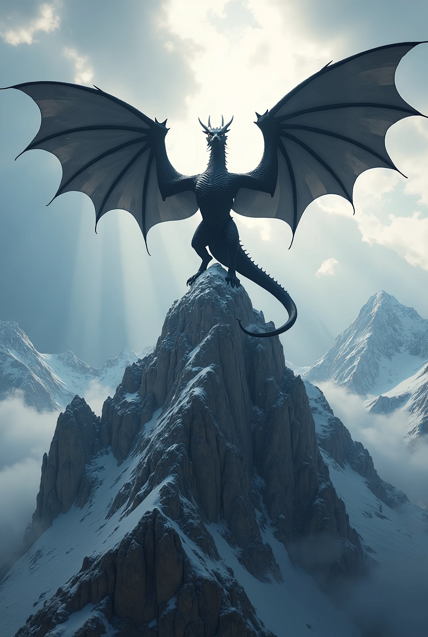 Dragao negro, on top of the mountain with open wings, with rays behind
