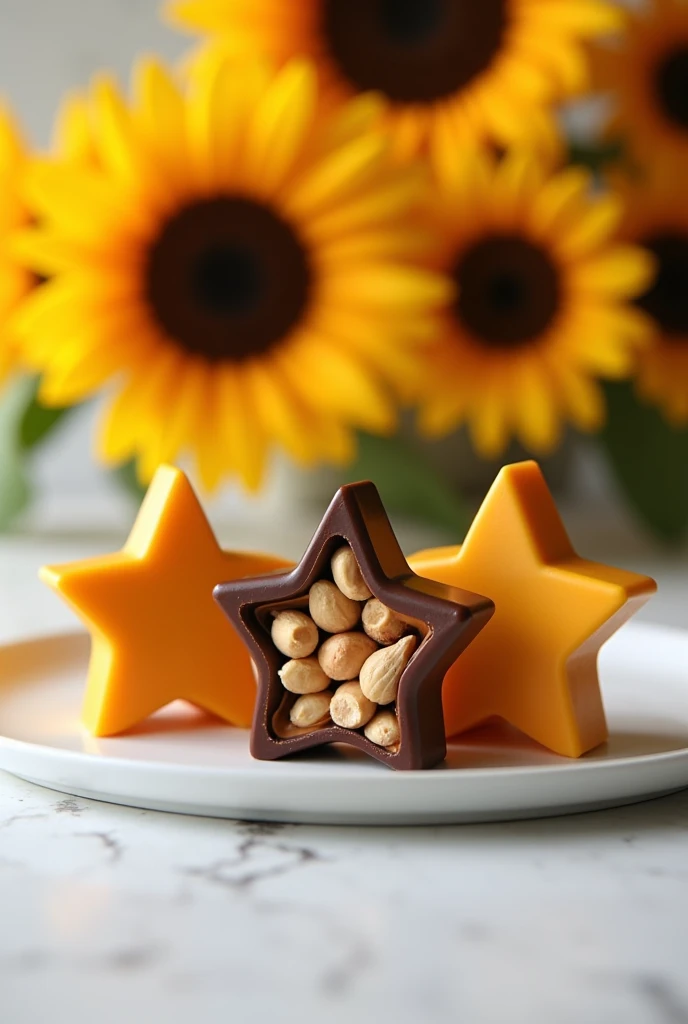 three star-shaped peanut chocotejas, that one of them is split in half so that the peanuts inside can be seen, that they are on a flat and luxurious plate and that they are on a white table and behind you can see some distorted sunflowers