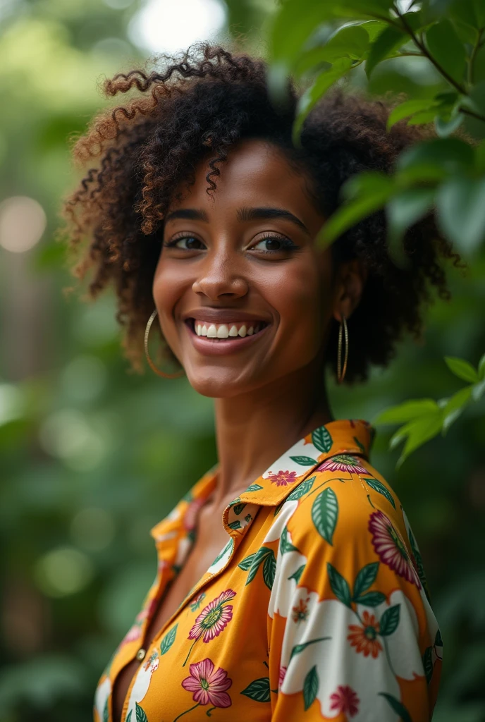 A Brazilian woman in a lush tropical garden, wearing an open shirt with a floral print, with a close-up capturing the harmonious beauty between her breasts and the natural flowers, showing off your natural charm and outgoing personality.