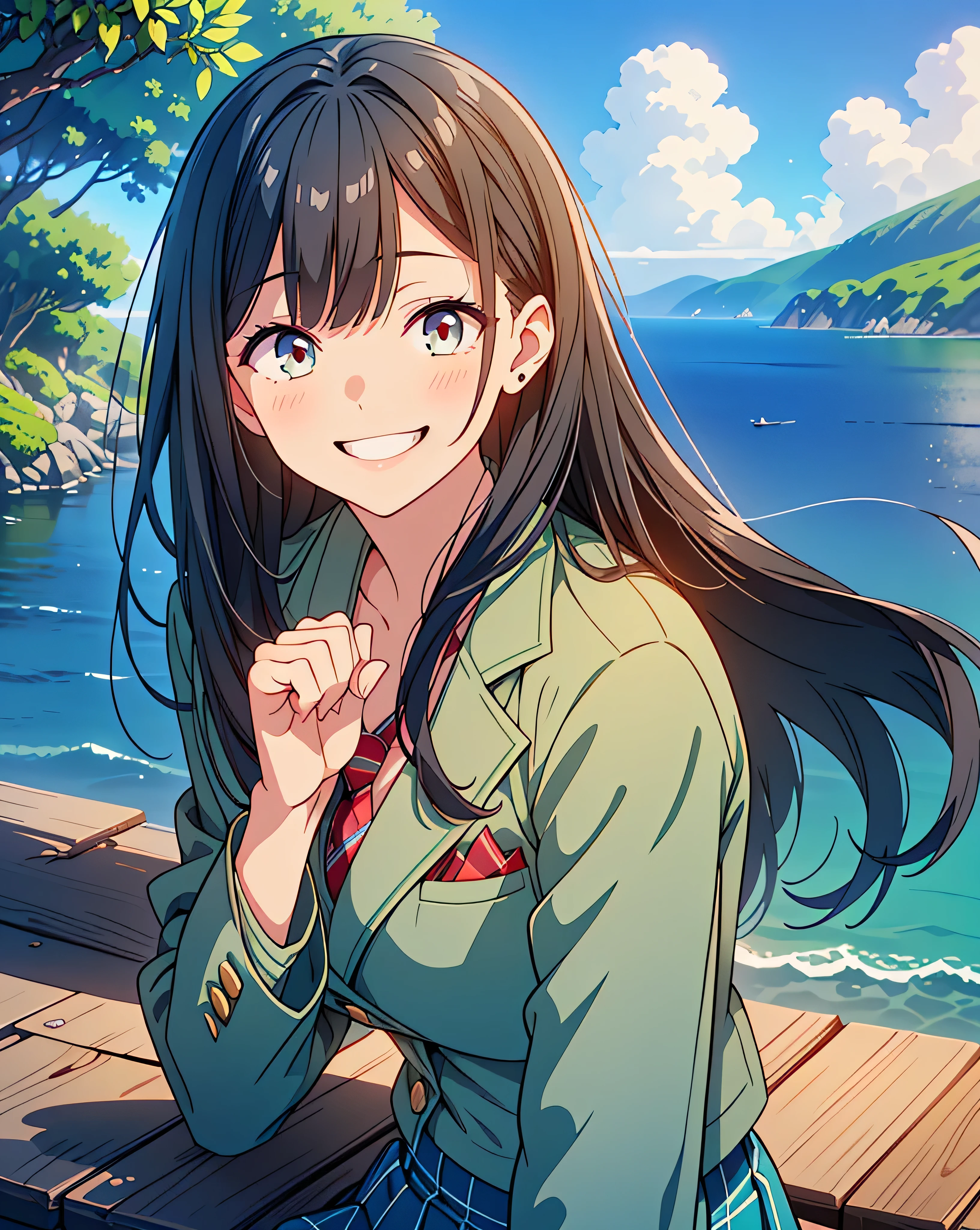 Highest quality, 32K, High resolution, masterpiece:1.5, One beautiful girl, Illustration with anime touch, Rich emotional expression, An exceptionally beautiful face, Perfect Human Anatomy, Perfect hands, Thumb and４Finger, Big red eyes, ((A defiant smile:1.5)), shiny black hair, Long Hair, Asymmetrical bangs, Hair between the eyes, Transparent, soft white skin, Detailed and cute lips, ((Moss green blazer:1.1)), Red tie, Checkered pleated skirt, Sea view road, ((blue sea:1.2)), ((Ultra-detailed and beautiful blue sky:1.2)), Gentle sunlight, mysterious