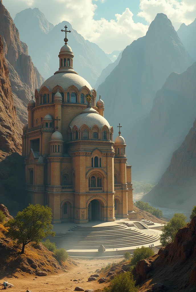 there is a large Ethiopian Orthodox Church building with hemispherical Dom that is built into the side of a mountain, intricate matte painting, matte painting of human mind, digital matte painting, ancient yet futuristic, elaborate matte painting, hyperdetailed 3d matte painting, hyperdetailed 3 d matte painting, extravagant matte painting, epic matte painting, epic cinematic matte painting, matte painting concept art, giant tomb structures,smoke, tree.