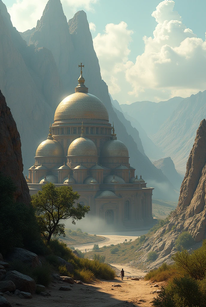 there is a large Ethiopian Orthodox Church building with hemispherical Dom that is built into the side of a mountain, intricate matte painting, matte painting of human mind, digital matte painting, ancient yet futuristic, elaborate matte painting, hyperdetailed 3d matte painting, hyperdetailed 3 d matte painting, extravagant matte painting, epic matte painting, epic cinematic matte painting, matte painting concept art, giant tomb structures,smoke, tree.
