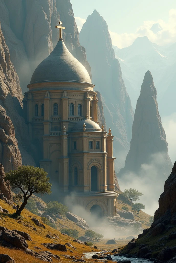 there is a large Ethiopian Orthodox Church building with hemispherical Dom that is built into the side of a mountain, intricate matte painting, matte painting of human mind, digital matte painting, ancient yet futuristic, elaborate matte painting, hyperdetailed 3d matte painting, hyperdetailed 3 d matte painting, extravagant matte painting, epic matte painting, epic cinematic matte painting, matte painting concept art, giant tomb structures,smoke, tree.