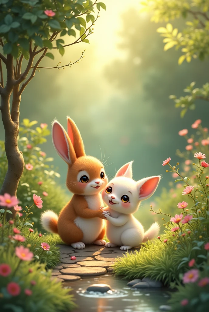 In a beautiful garden there lived a rabbit and a cat who were good friends with each other.