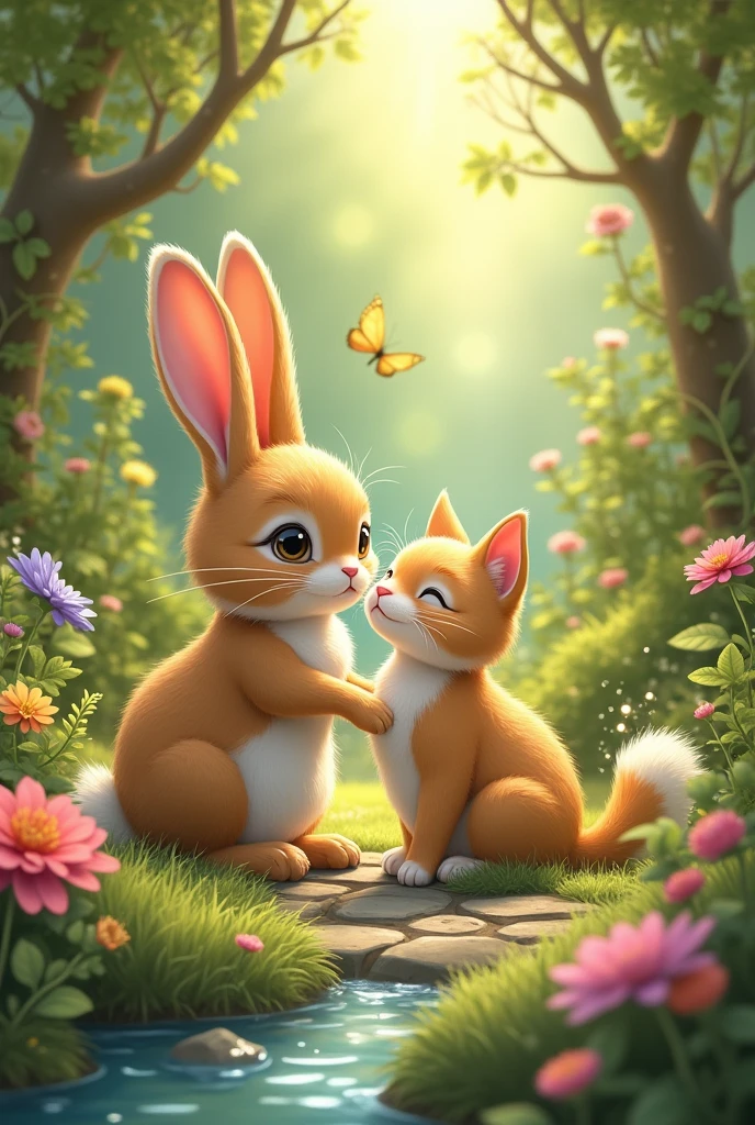 In a beautiful garden there lived a rabbit and a cat who were good friends with each other.