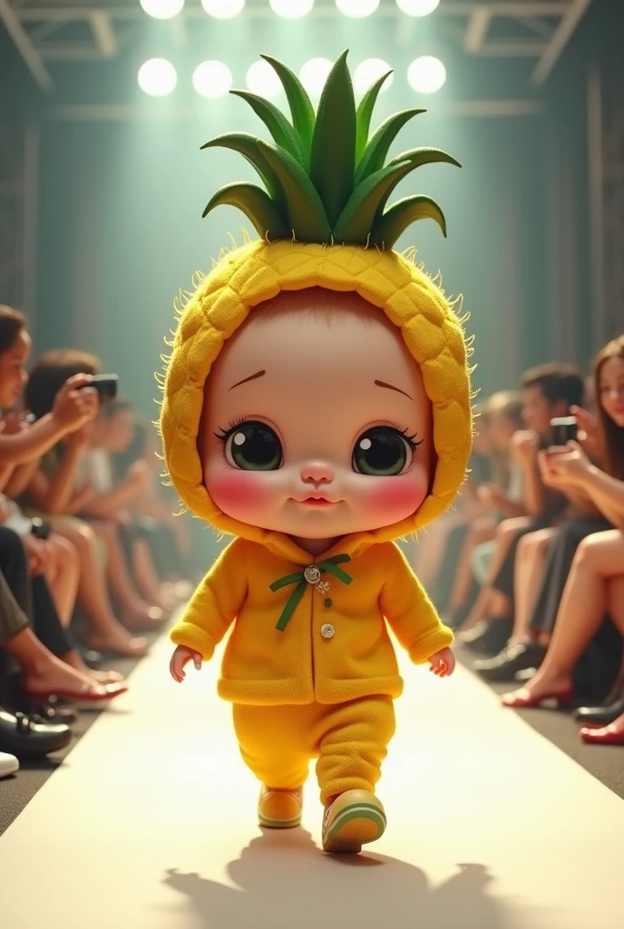 Cute baby with big head wearing pineapple in real life fashion show full body