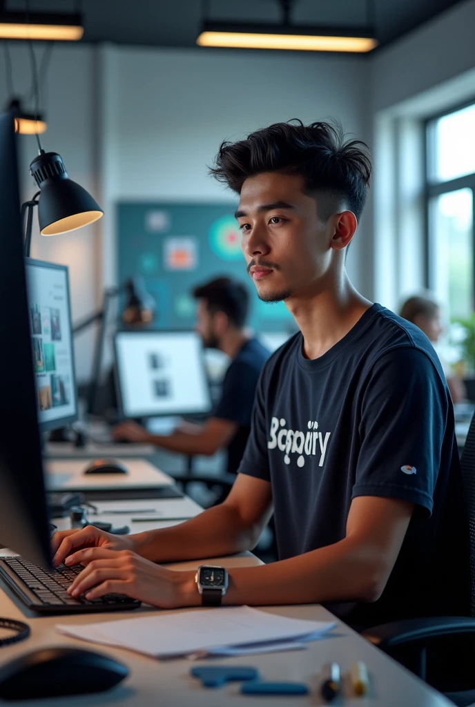 Generate a picture of Maxephraim Graphics studio with a man wearing a company T-shirt working on a computer