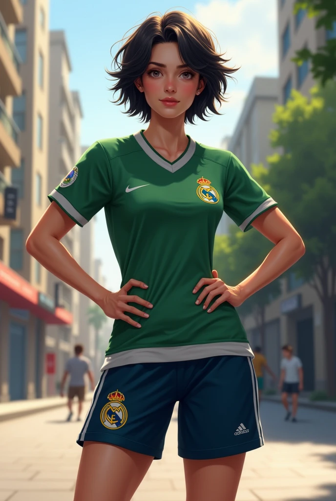  brunette with short wavy black hair wearing a Palmeiras shirt and Real Madrid shorts 