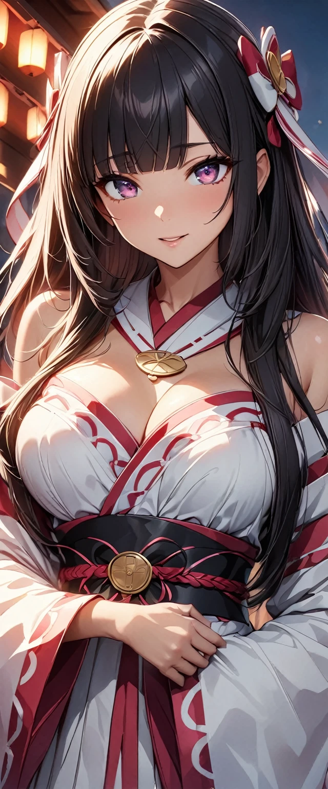 (Perfect Anatomy)、Mastepiece、Ultra High Quality、 8k、masterpiece、Highest quality、Ultra-high resolution、Maximum resolution、Very detailed、Professional Lighting、anime、Adult female、thin、so beautiful、Highly detailed eye、Highly detailed face、Black Hair,、Pink eyes, , Braiding、Straight bangs、Miko costume、Shrine maiden costume、Shrine maiden costume、Random Pause