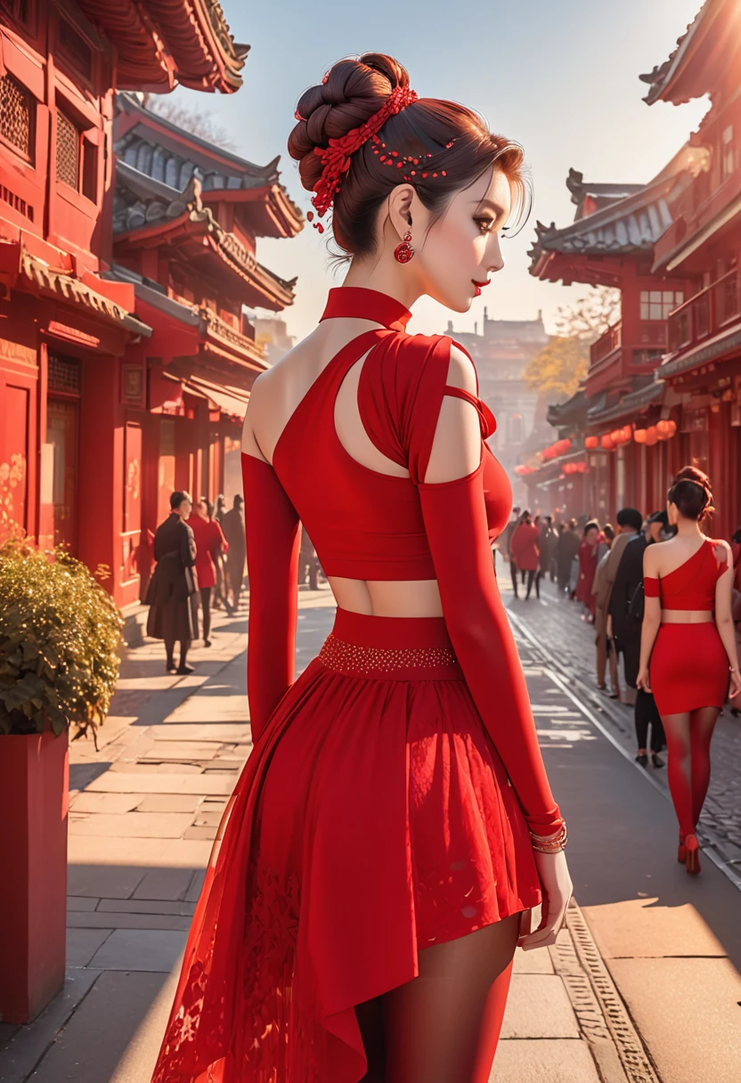 The image shows a person wearing a striking red outfit composed of a one-sleeve top with a cutout shoulder and a form-fitting skirt. The ensemble includes sheer red tights and is accessorized with earrings and rings. The person has their hair styled in a braided updo. The background suggests an outdoor setting with people and architecture bathed in warm light.