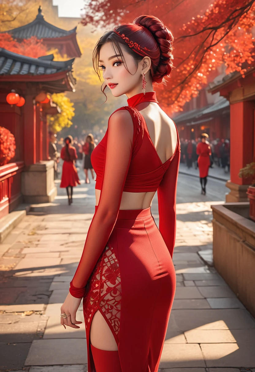The image shows a person wearing a striking red outfit composed of a one-sleeve top with a cutout shoulder and a form-fitting skirt. The ensemble includes sheer red tights and is accessorized with earrings and rings. The person has their hair styled in a braided updo. The background suggests an outdoor setting with people and architecture bathed in warm light.