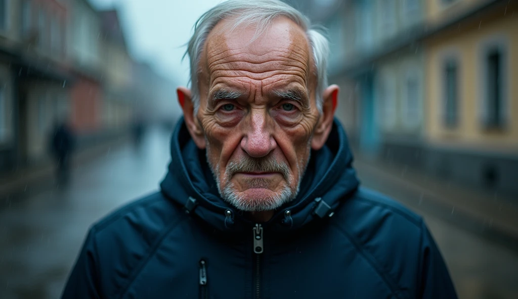 A photograph of an old Russian man in dark blue sportswear walking in the rain, making eye contact with the viewer in the middle of the scene, 35mm lens, top to bottom shot, deep focus cinematic effect, natural lighting, color grading in cool tones, high quality, ultra details, 8k resolution,