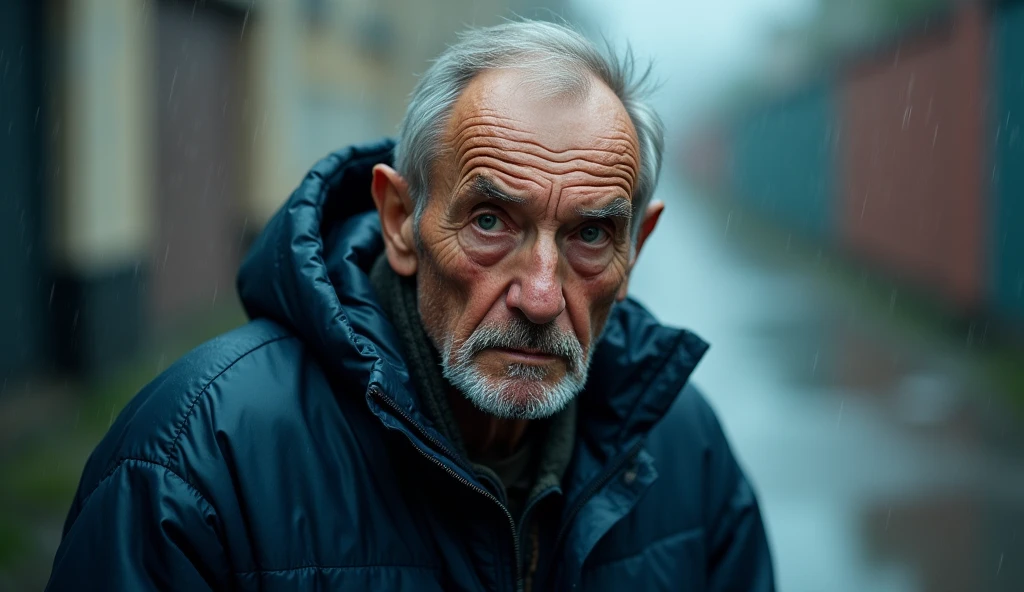 A photograph of an old Russian man in dark blue sportswear walking in the rain, making eye contact with the viewer in the middle of the scene, 35mm lens, top to bottom shot, deep focus cinematic effect, natural lighting, color grading in cool tones, high quality, ultra details, 8k resolution,